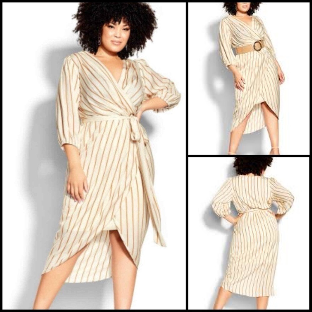 City Chic Catalina Cinnamon Striped Faux Wrap Tulip Elasticized Tie  Waist M/18